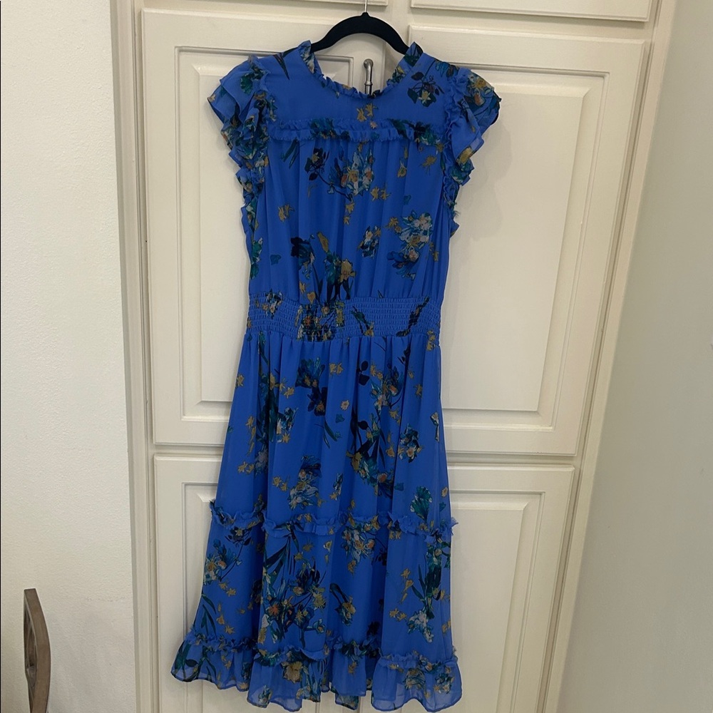 CeCe Bright Blue Floral Ruffle Midi Dress